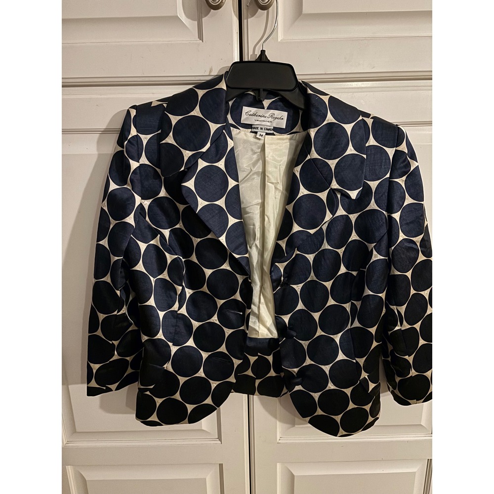 Catherine Malandrino Navy Polka Dot Silk Wool Blend Cropped Blazer Jacket M